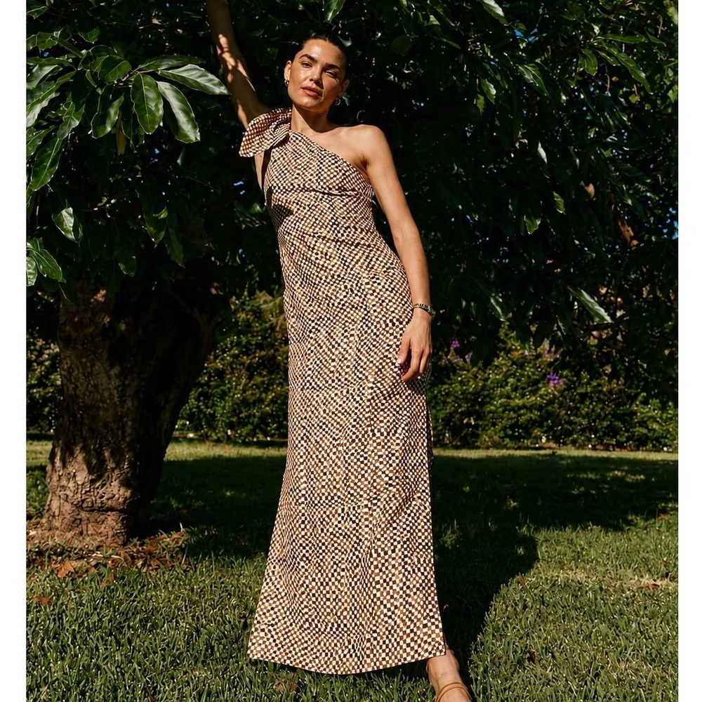 DISSH Brown Iris Multi Geo Print One Shoulder Maxi Dress Linen Size 2